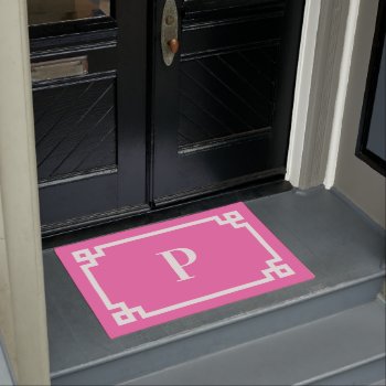 Hot Pink And White Greek Key Frame Monogram Doormat by pinkgifts4you at Zazzle