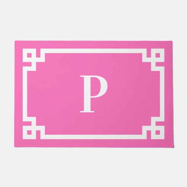Hot Pink and White Greek Key Frame Monogram Doormat (Front)