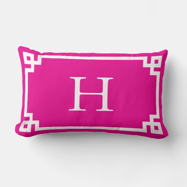 Hot Pink and White Greek Key Monogram Lumbar Pillow (Front)