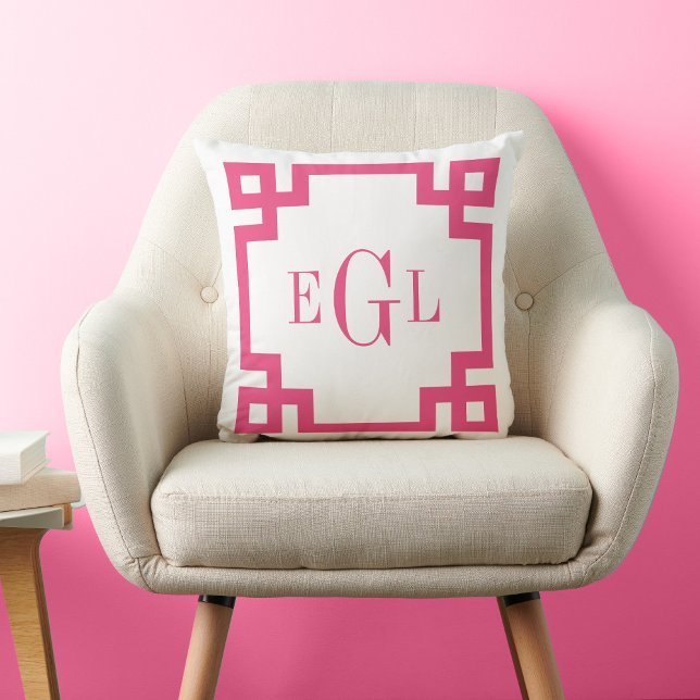 Hot Pink and White Greek Key Monogram Throw Pillow (Creator Uploaded)