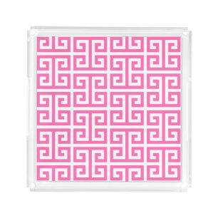 Hot Pink and White Greek Key Pattern Acrylic Tray