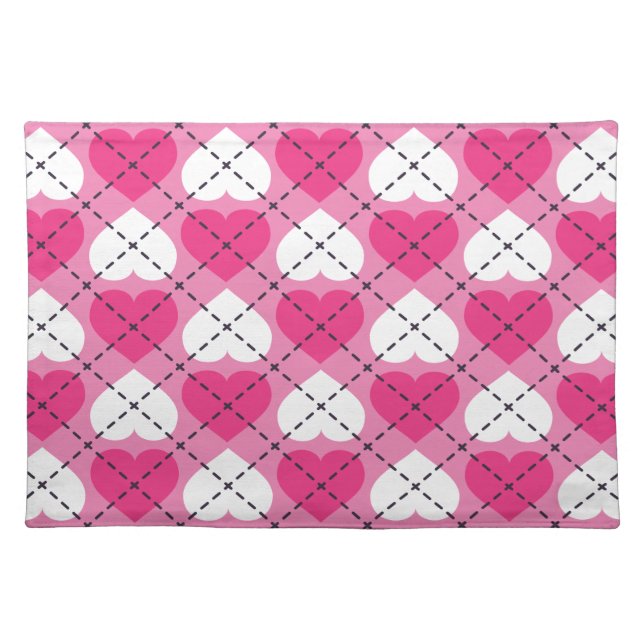 Hot Pink and White Hearts Argyle Cloth Placemat (Front)