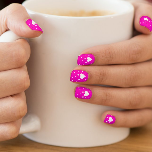 Hot Pink and White Hearts & Polka Dots Minx Nail Art (Insitu - Mug)