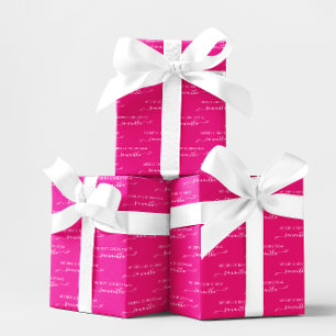 Hot Pink and White Merry Christmas Cute Bow Name Wrapping Paper Sheets