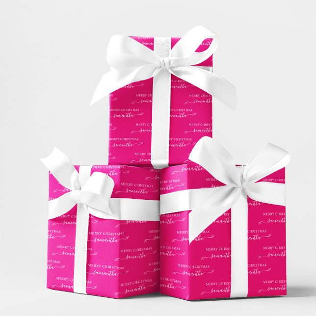 Hot Pink and White Merry Christmas Cute Bow Name Wrapping Paper Sheets (Hot Pink and White Merry Christmas Cute Bow Name Wrapping Paper Sheets)