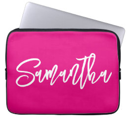 Hot Pink and White Modern Brush Script Laptop Sleeve