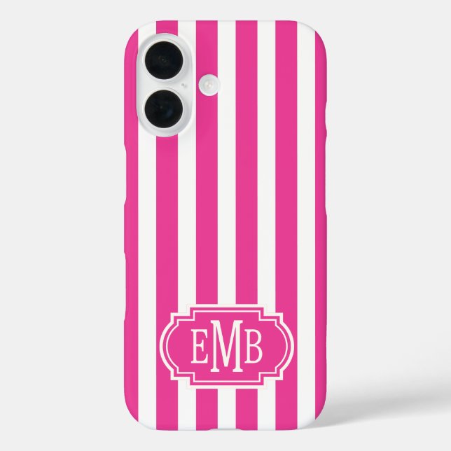 Hot Pink and White Monogrammed Stripes Case-Mate iPhone Case (Back)