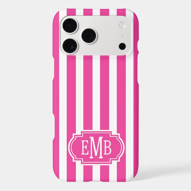Hot Pink and White Monogrammed Stripes Case-Mate iPhone Case (Back)