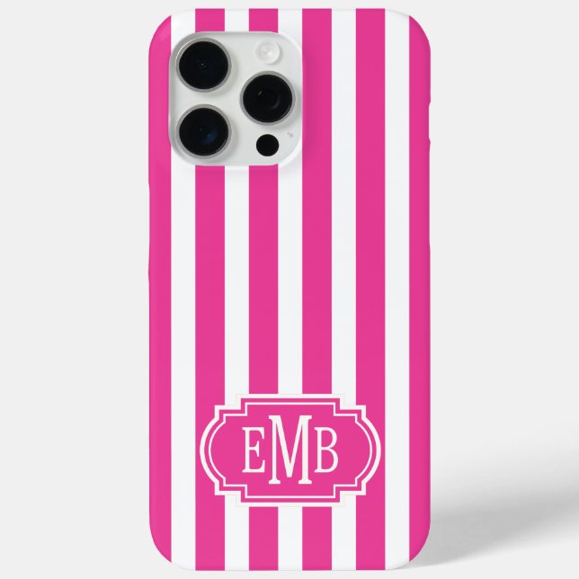 Hot Pink and White Monogrammed Stripes Case-Mate iPhone Case (Back)