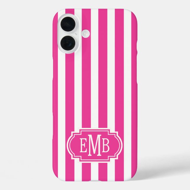 Hot Pink and White Monogrammed Stripes Case-Mate iPhone Case (Back)