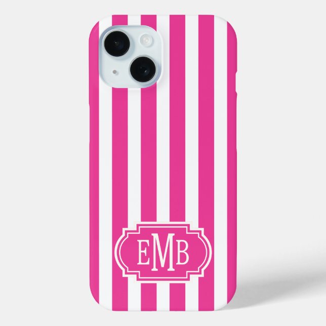 Hot Pink and White Monogrammed Stripes Case-Mate iPhone Case (Back)