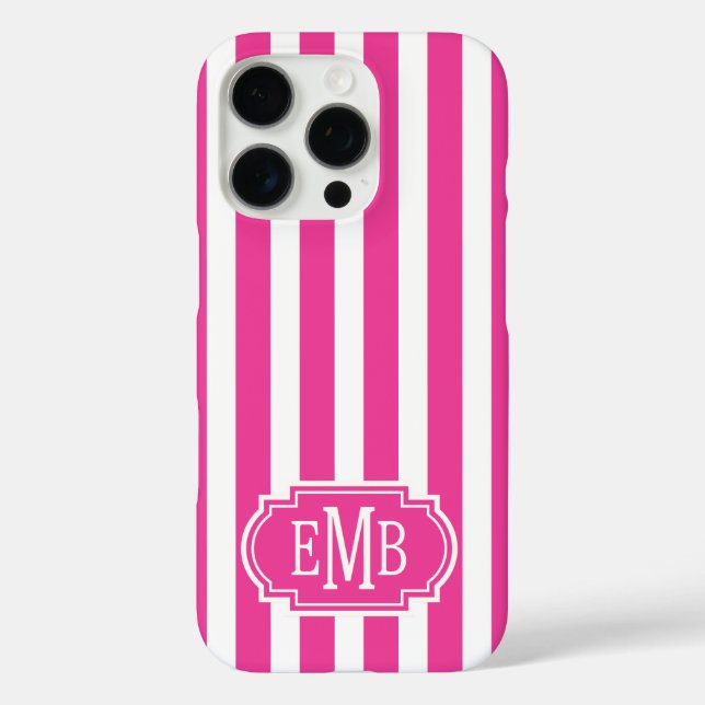 Hot Pink and White Monogrammed Stripes Case-Mate iPhone Case (Back)