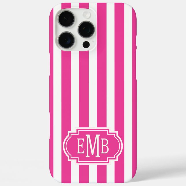 Hot Pink and White Monogrammed Stripes  Case-Mate iPhone Case (Back)