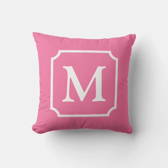 Hot Pink and White Notched Frame Monogram Cabana  Outdoor Pillow (Front)