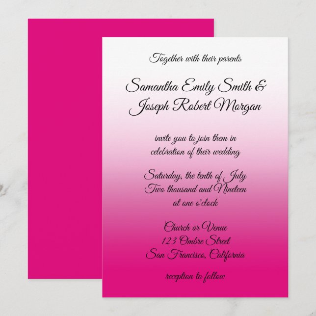 Hot Pink and White Ombre Calligraphy Wedding Invitation (Front/Back)