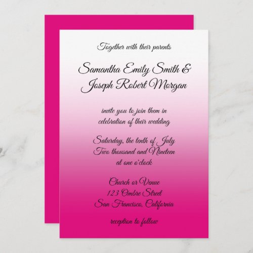 Hot Pink and White Ombre Calligraphy Wedding Invitation