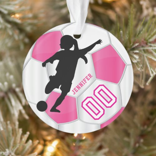 Hot Pink and White Personalize Girl Soccer Player Ornament