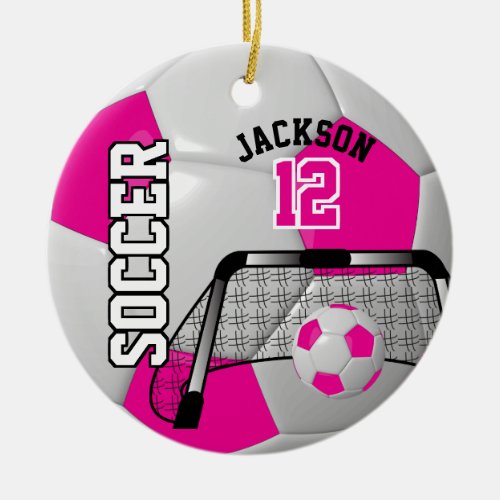 âš Hot Pink and White Personalize Soccer Ball Ceramic Ornament