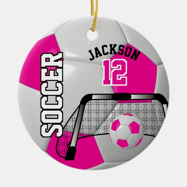 ⚽ Hot Pink and White Personalize Soccer Ball Ceramic Ornament (Front)