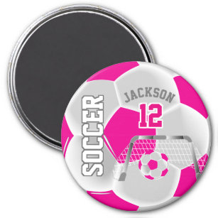 Hot Pink and White Personalize Soccer Ball Magnet
