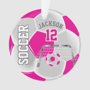 Hot Pink and White Personalize Soccer Ball Ornament