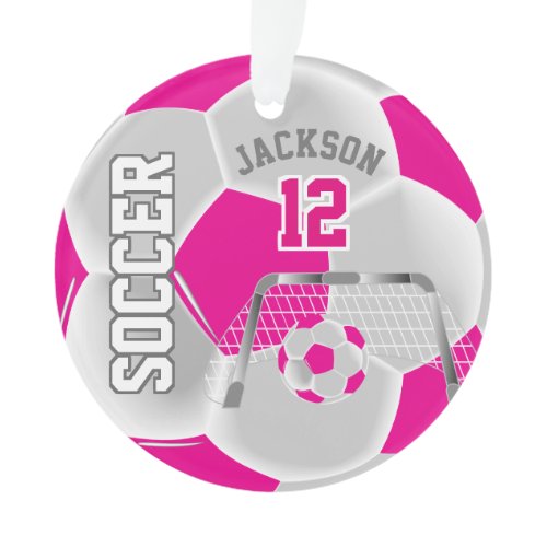 Hot Pink and White Personalize Soccer Ball Ornament