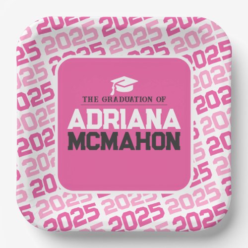 Hot Pink and White Personalized Graduation Paper Plates