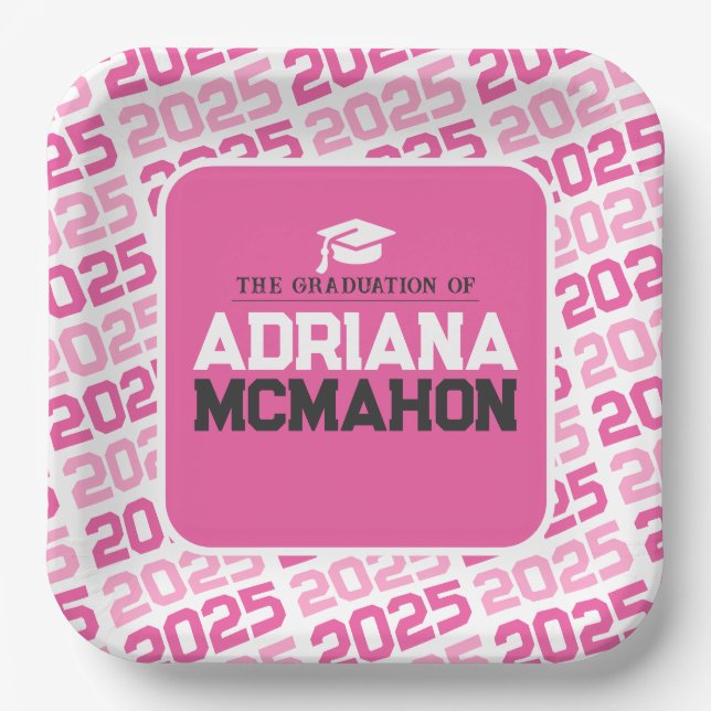 Hot Pink and White Personalized Graduation Paper Plates (Front)