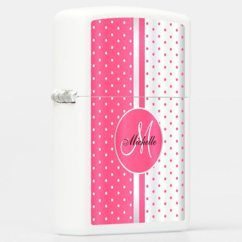 Hot Pink and White Polka Dots _ Monogram Zippo Lighter