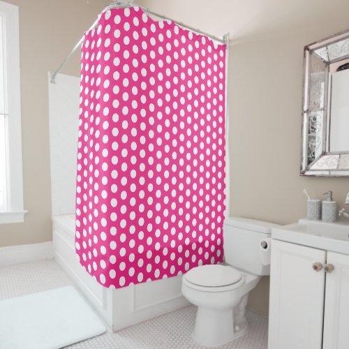 Hot Pink and White Polka Dots Pattern Shower Curtain
