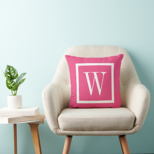 Hot Pink and White Preppy Square Monogram Throw Pillow