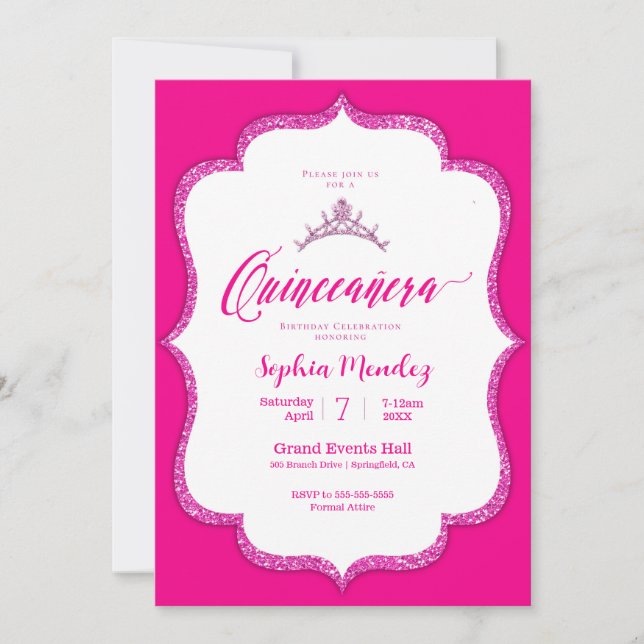 Hot Pink and white Quinceanera Invitation (Front)