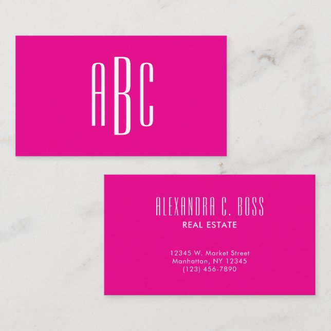 Hot Pink and White Simple Three Letter Monogram Business Card (Front/Back)