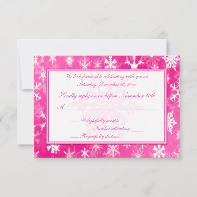 Hot Pink and White Snowflakes Reply Card (Front)