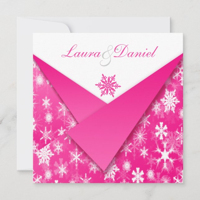 Hot Pink and White Snowflakes Wedding Invitation (Front)