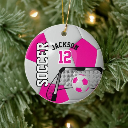 Hot Pink and White Soccer Ball Ceramic Ornament