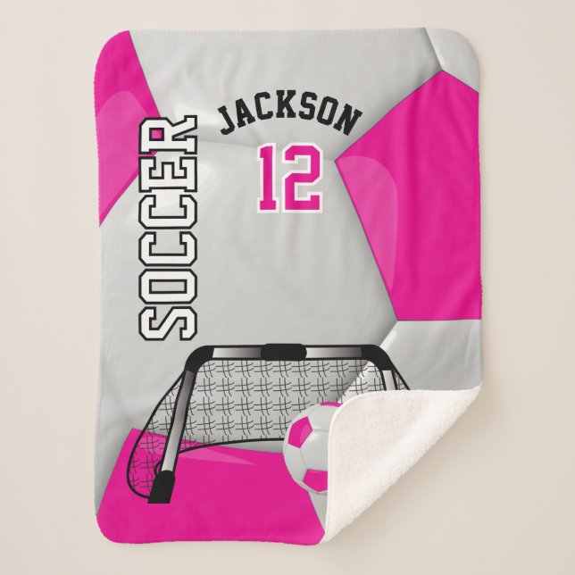 Hot Pink and White Soccer Ball with DIY Text Sherpa Blanket (Front)