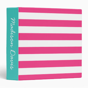 Hot Pink and White Stripe Turquoise Personalized 3 Ring Binder