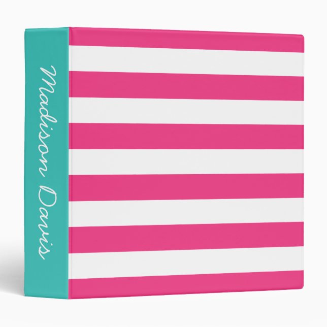 Hot Pink and White Stripe Turquoise Personalized 3 Ring Binder (Front/Spine)