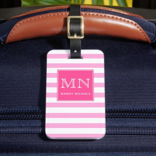 Hot Pink and White Striped Monogram Luggage Tag