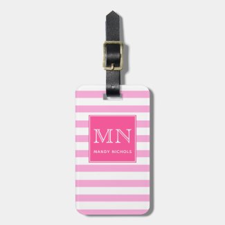 Hot Pink and White Striped Monogram Luggage Tag