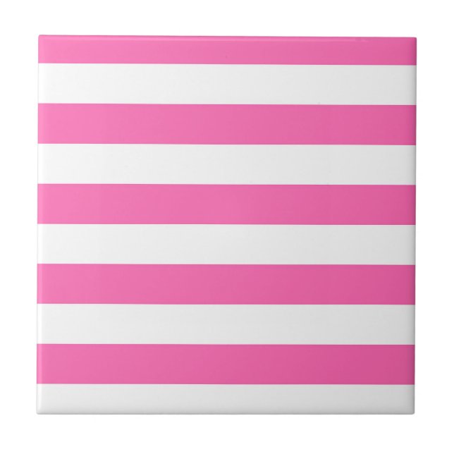 Hot Pink and White Stripes Ceramic Tile (Front)