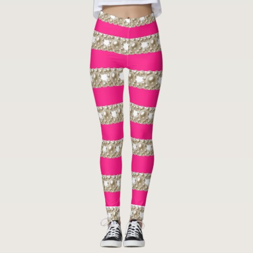 hot pink and white stripes with stylish pearls leggings
