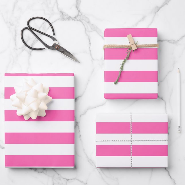 Hot Pink and White Stripes Wrapping Paper Sheets (Front)