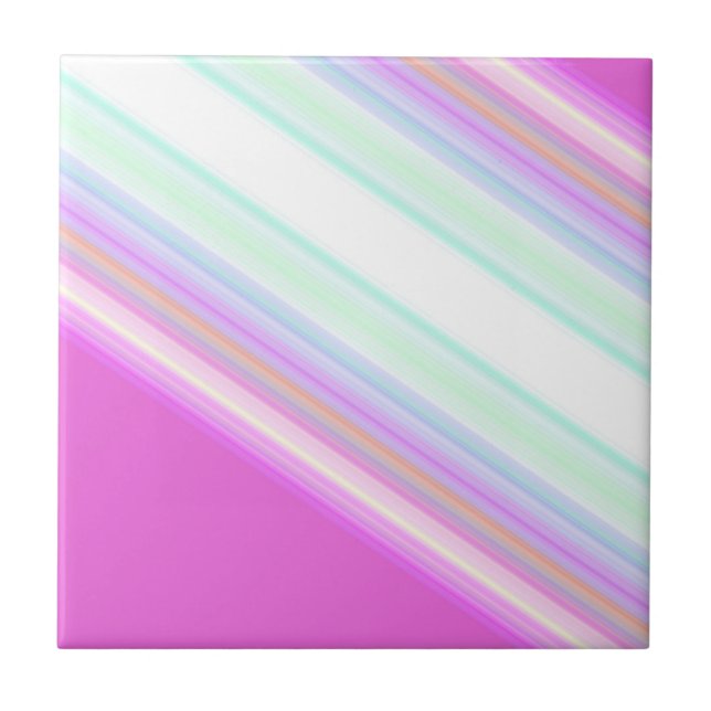 Hot Pink and White Strips Ceramic Tile (Front)
