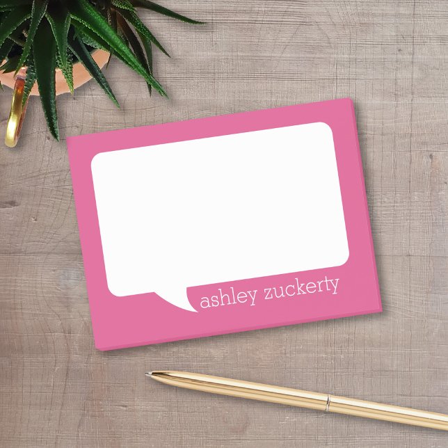 Hot Pink and White Talk Bubble Personalized Name Post-it Notes (A fun talk bubble design for a personalized post-it notepad. Add your name for a fun office gift.)