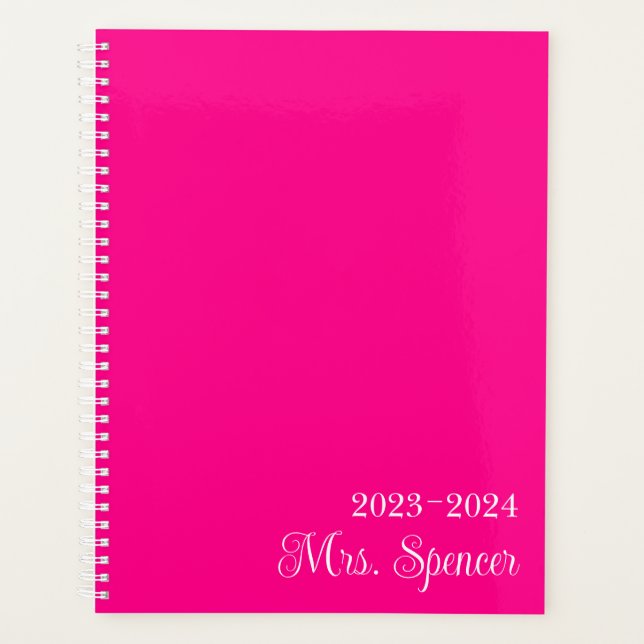 Hot Pink and White Teacher Name Planner (Front)