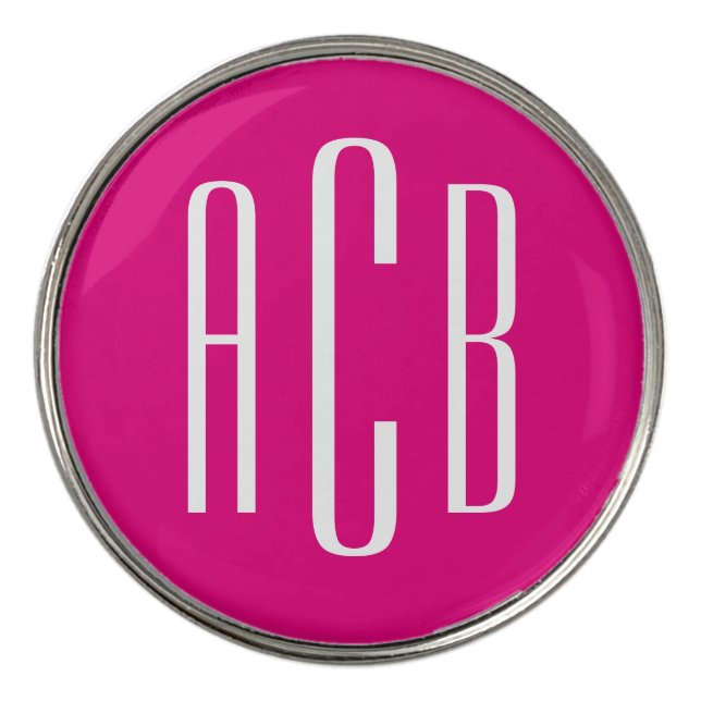 Hot Pink and White Three Letter Monogram Golf Ball Marker (Front)