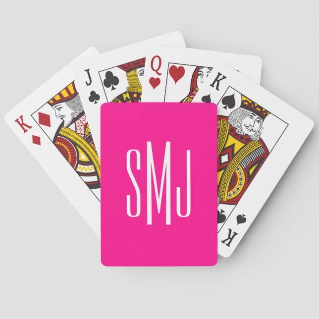 Hot Pink and White Three Letter Monogram Poker Cards (Back)