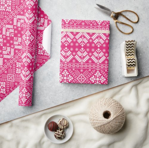 Hot Pink and White Winter Fair Isle Christmas Wrapping Paper